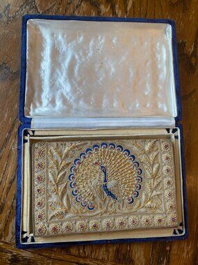 Vintage Hand-Embroidered Silk Evening Clutch With Peacock & Floral Design Gold &